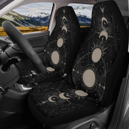 Black car seat covers with mystical moon phase design and constellation patterns by Sense Forest.
