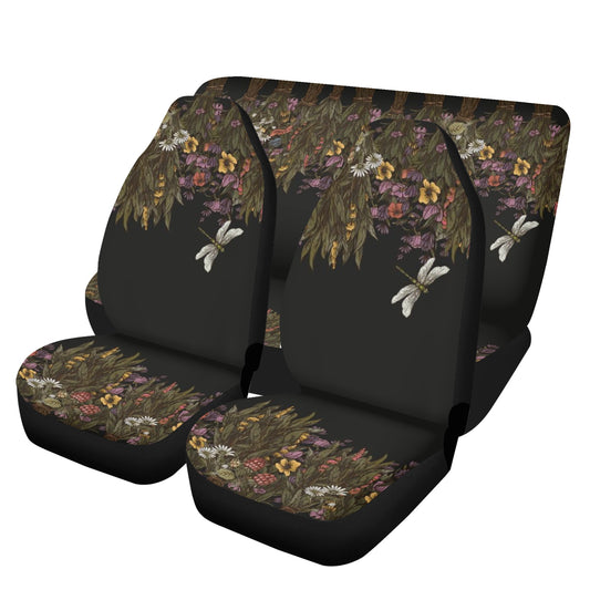 Black car seat covers with dried flower and hummingbird design, Sense Forest style.