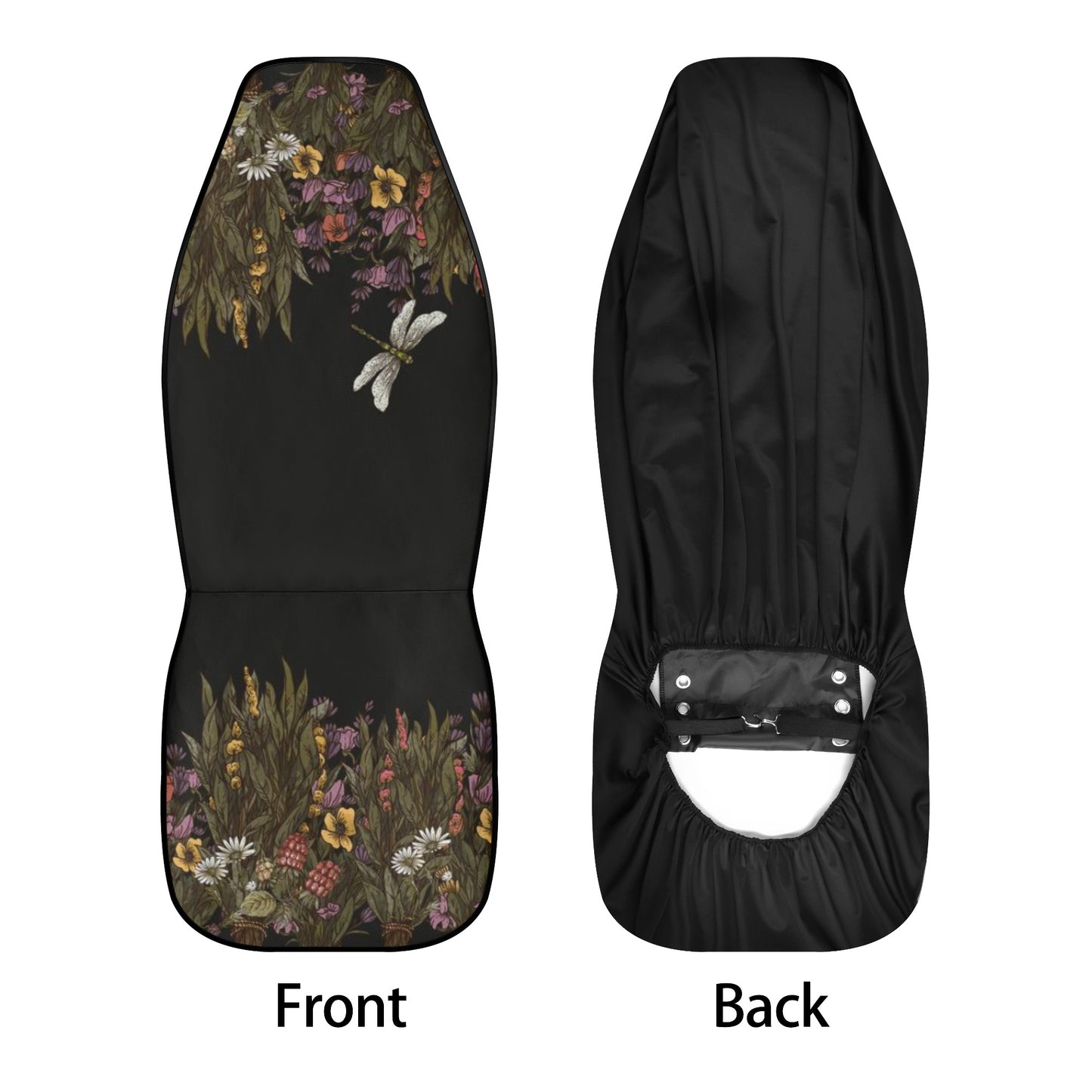 Black car seat cover set with green witch dried flower design and Sense Forest theme, universal fit.