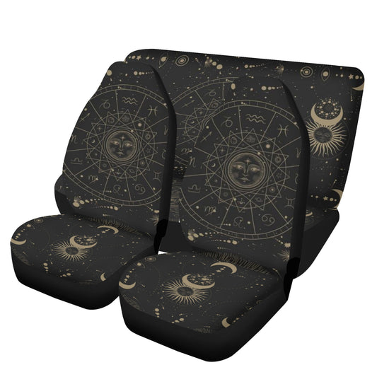 Black car seat cover set with gold astrology zodiac wheel and celestial Sun Moon stars design, Sense Forest style.