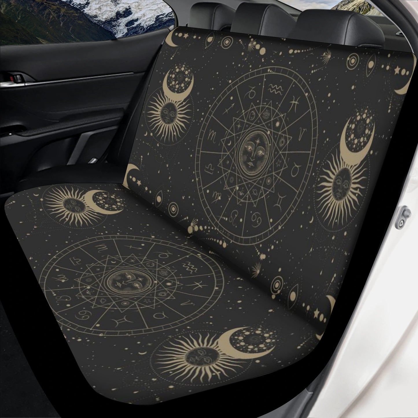 Black car seat cover set with intricate gold zodiac wheel and celestial sun and moon designs, Sense Forest style.