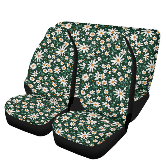 Black car seat covers with a cottagecore daisy print and Sense Forest green background.