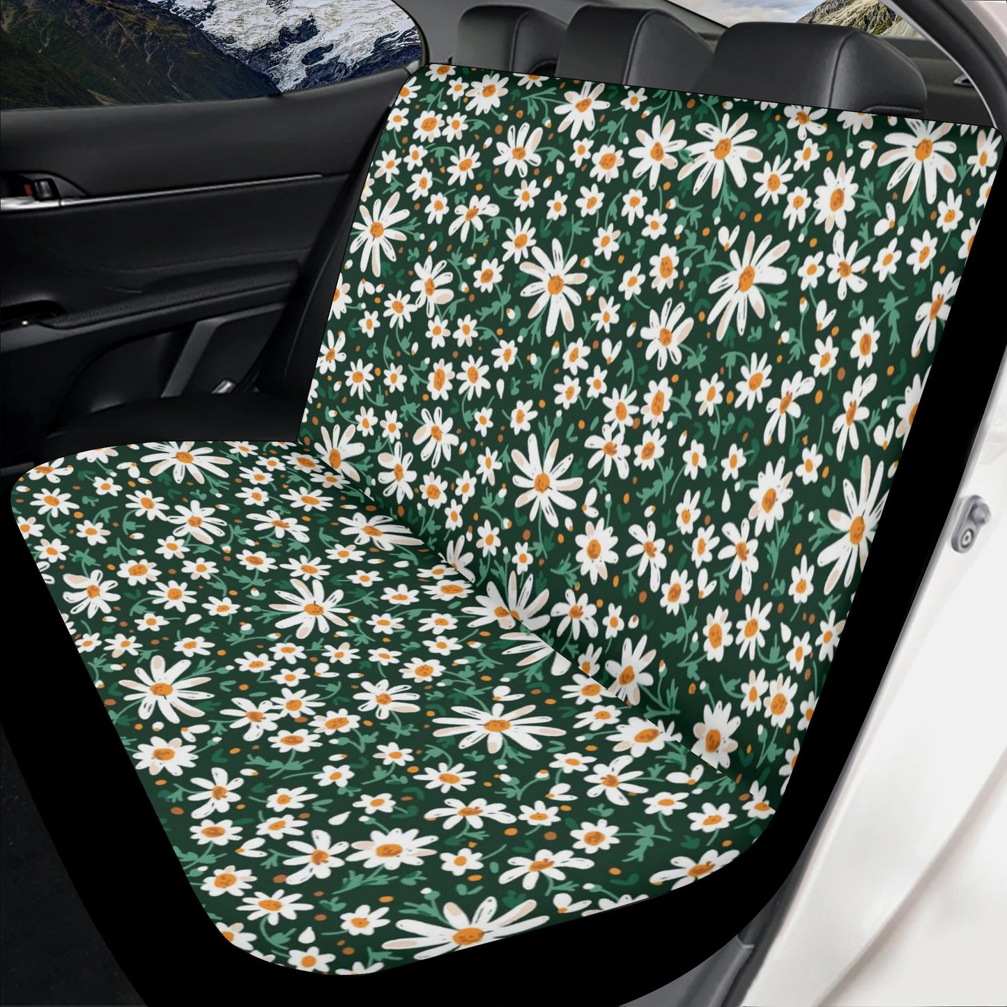 Car seat cover set with black background and white daisy pattern inspired by Sense Forest cottagecore style.
