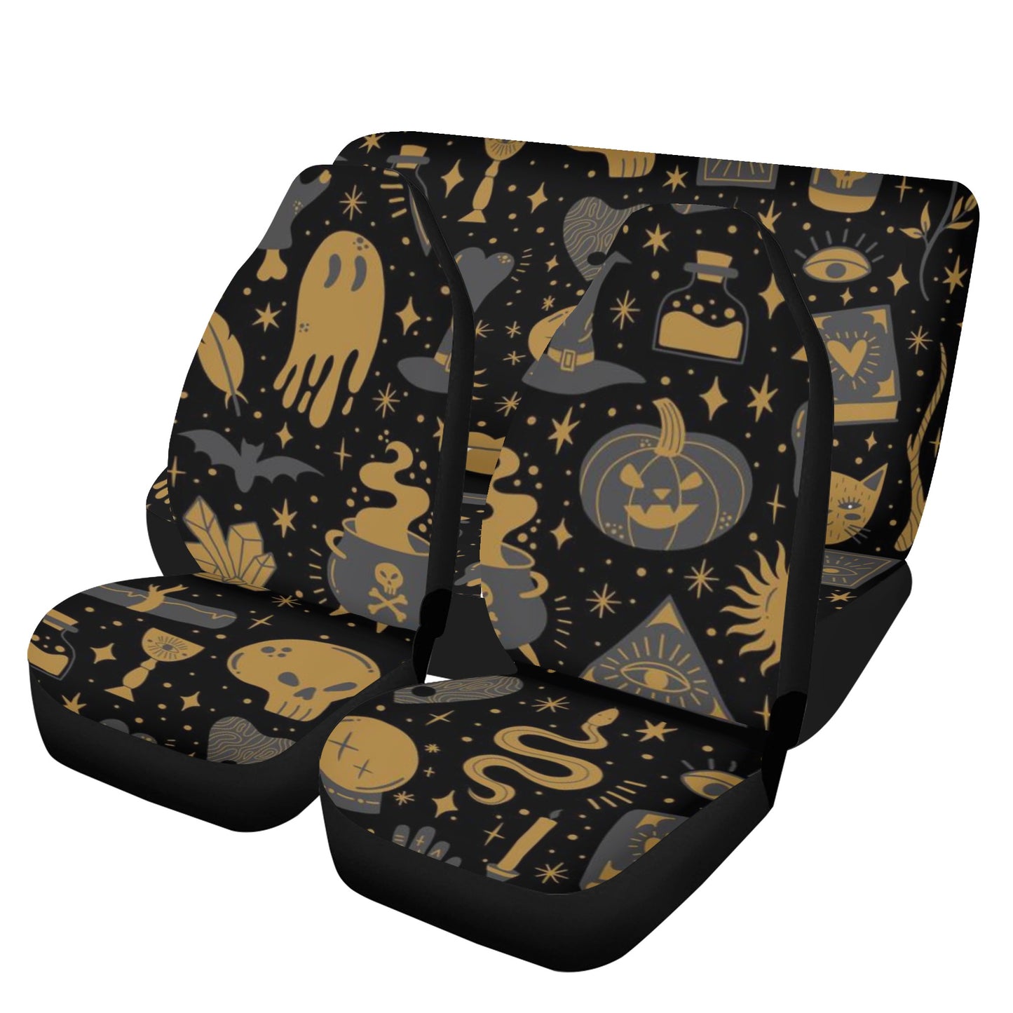 Black car seat cover set with kawaii goth Halloween ghost and spooky symbols, Sense Forest design.