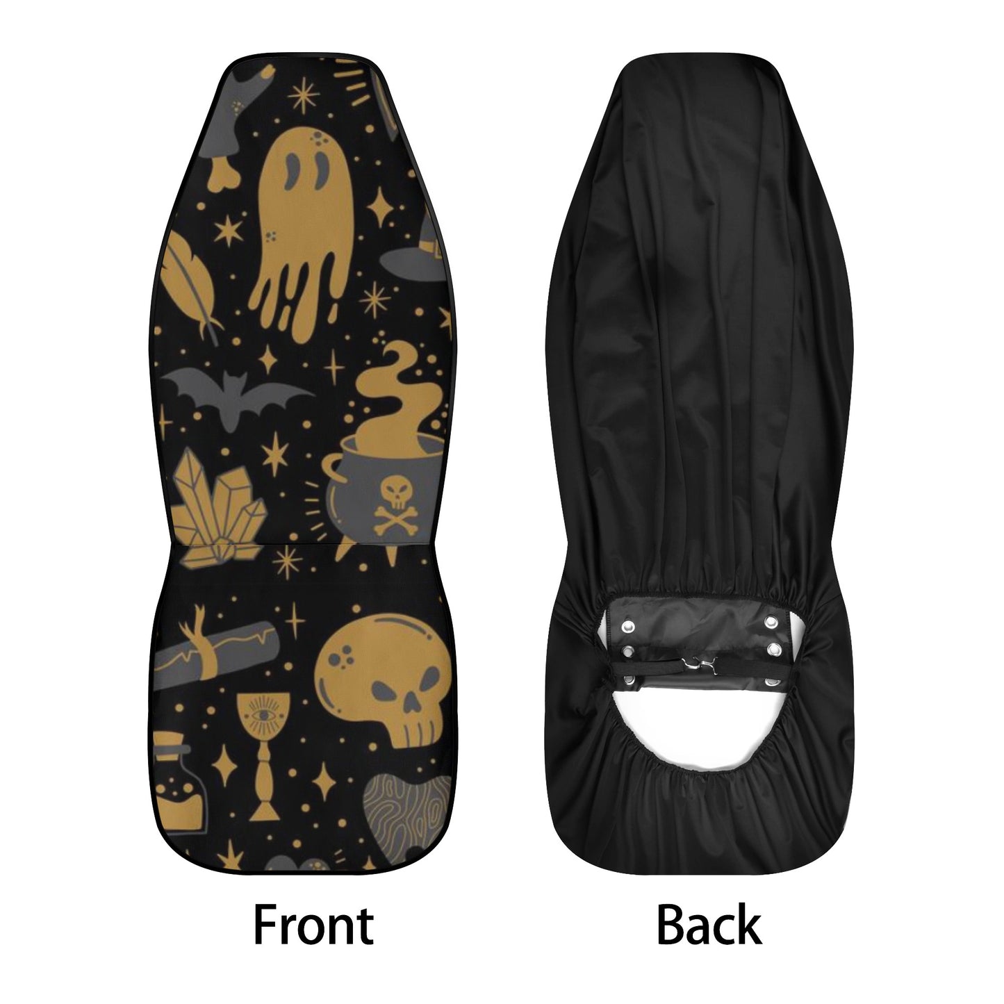 Black car seat cover set featuring kawaii-style spooky ghosts, skulls, bats, and potion bottles with Sense Forest design.