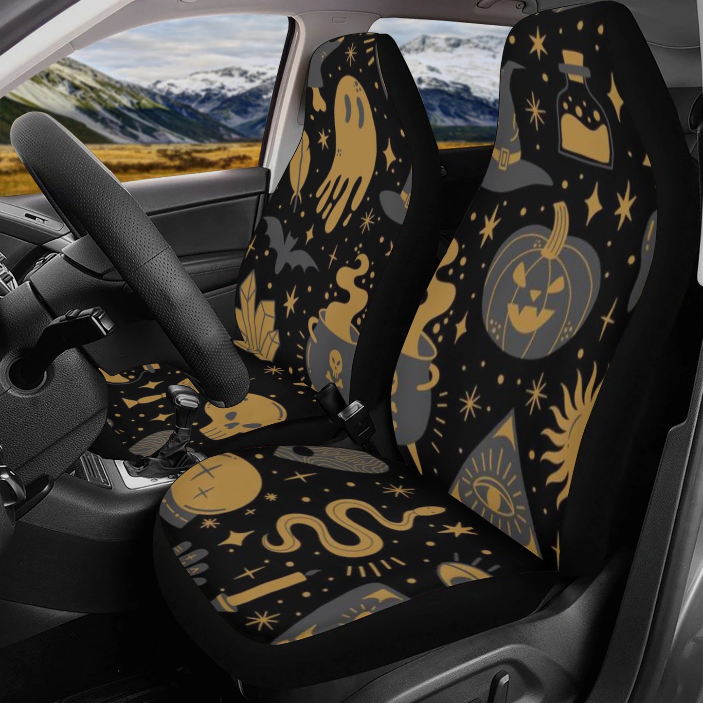 Black car seat covers with gold Halloween spooky ghost and gothic designs, Sense Forest style.