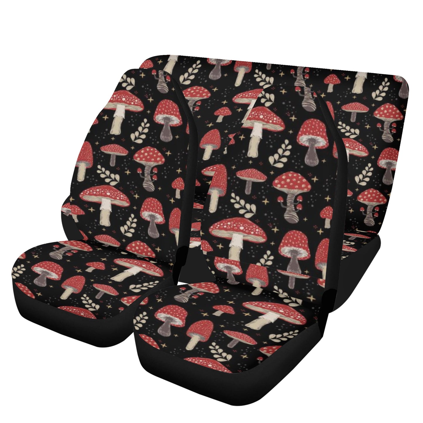 Black car seat covers with red Amanita mushroom pattern, Sense Forest style, universal fit.