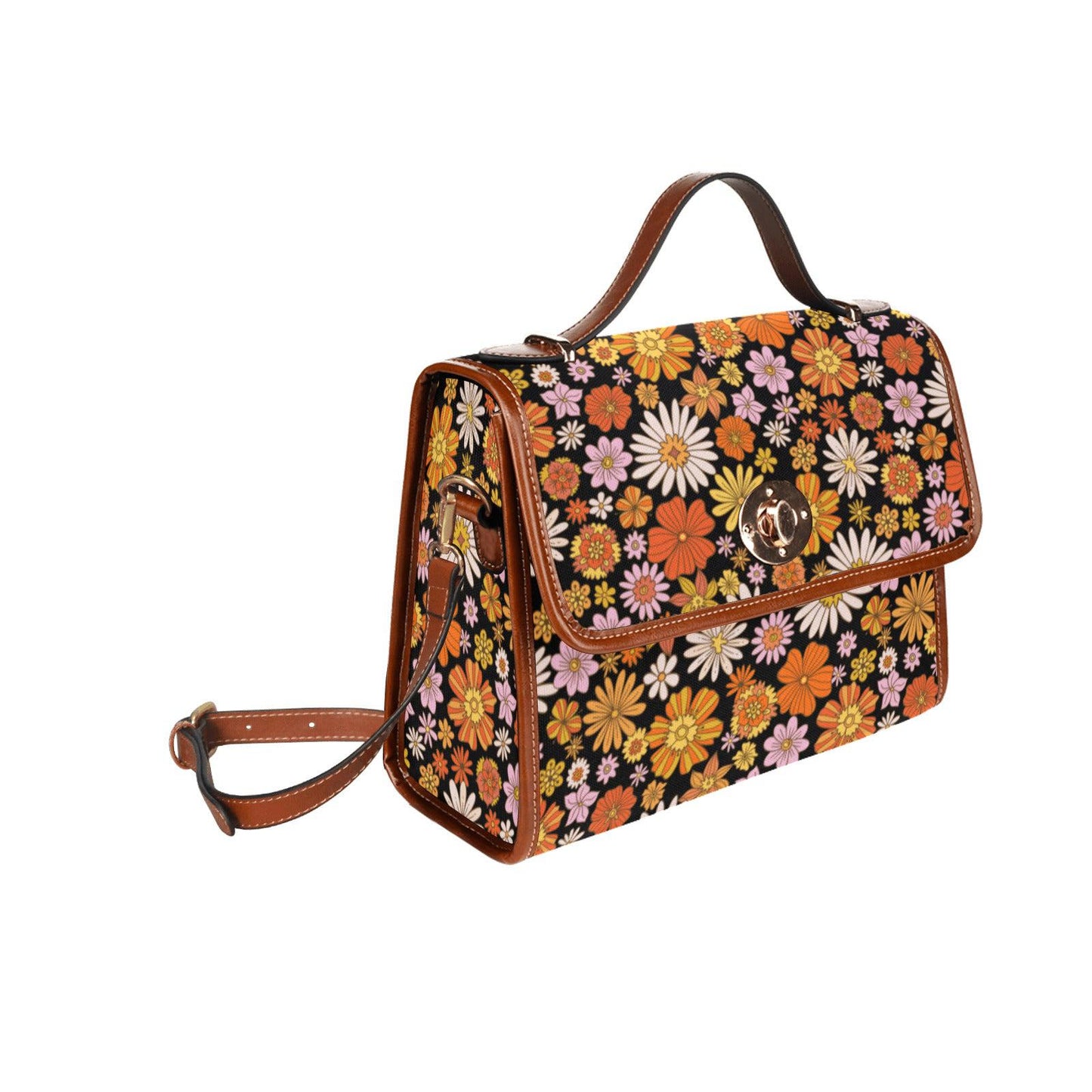 Cottagecore retro 70s orange color Daisy print canvas satchel bag