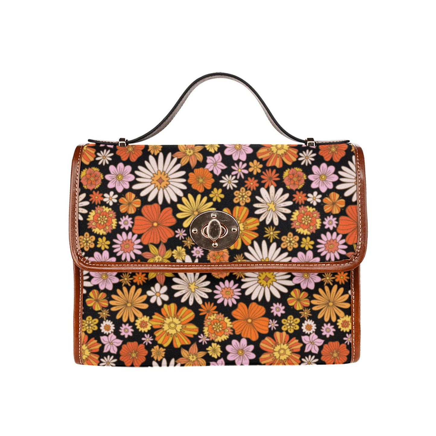 Cottagecore retro 70s orange color Daisy print canvas satchel bag