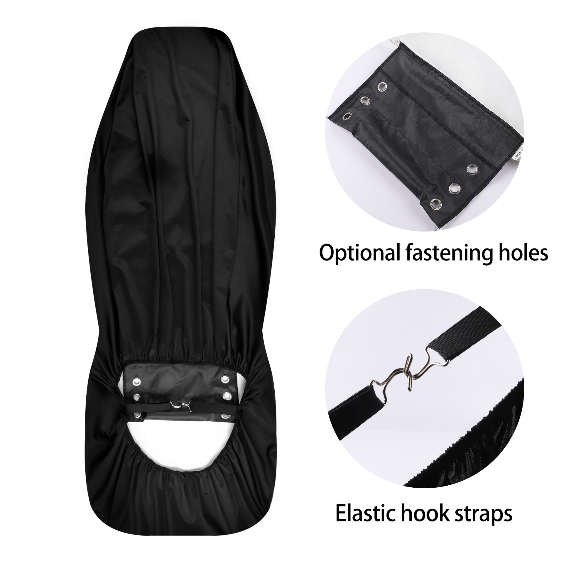 Black universal car seat cover with elastic hook straps and optional fastening holes, Sense Forest design.