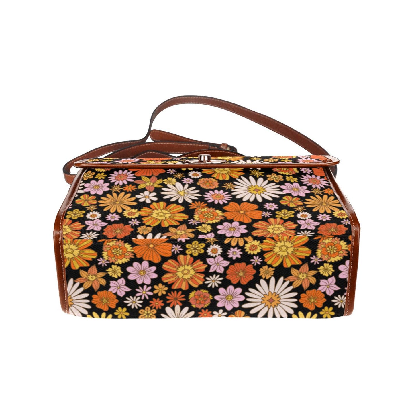 Cottagecore retro 70s orange color Daisy print canvas satchel bag