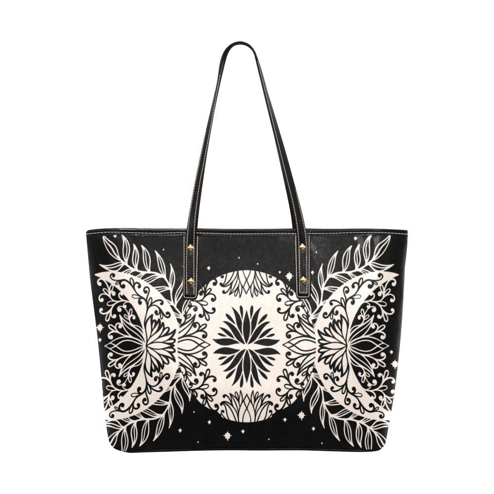 Boho Triple moon floral Vegan Leather zip Tote Bag