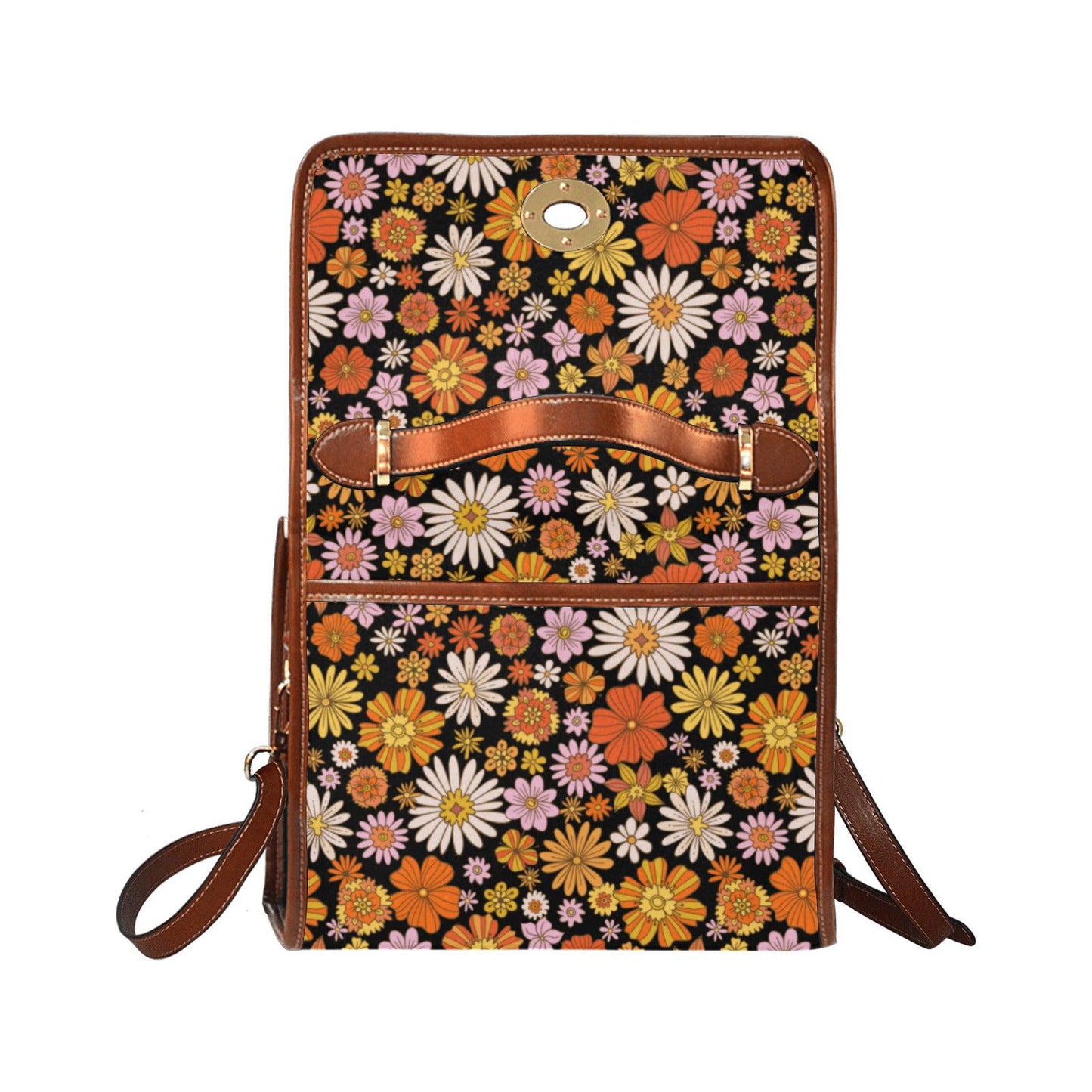 Cottagecore retro 70s orange color Daisy print canvas satchel bag