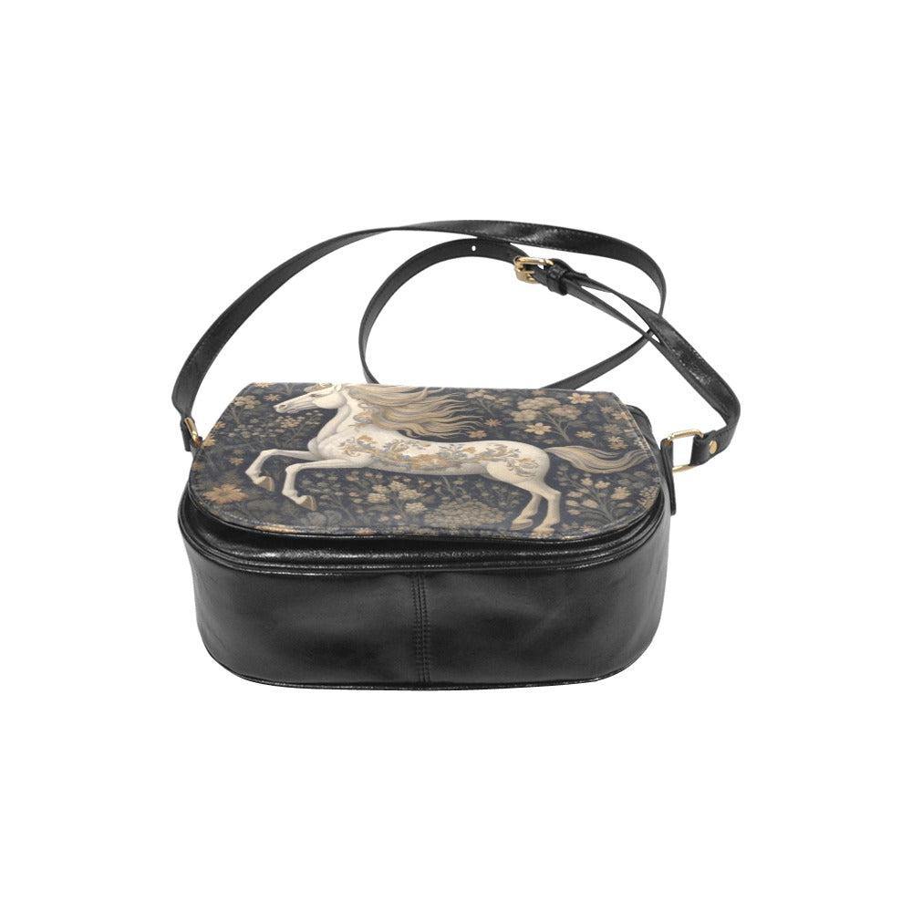 Black leather saddle bag with gold-tone buckle and embossed unicorn design, Sense Forest details.
