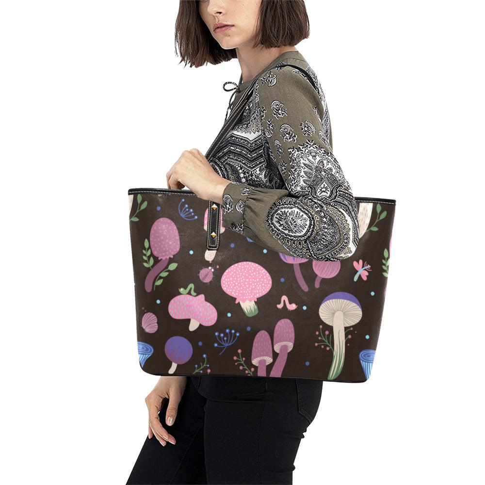 Purple magic mushroom Vegan Leather Zip Tote Bag
