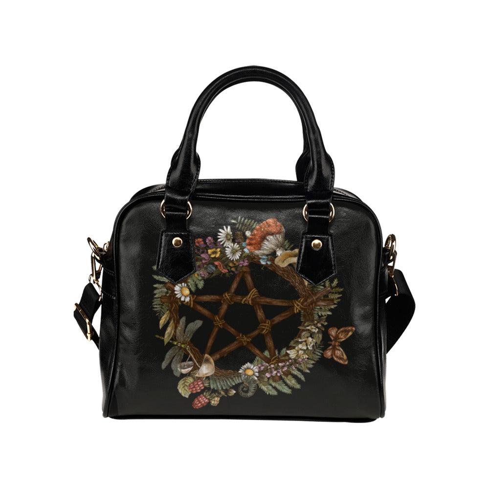 Green witch Forest wreath occult pentagram Vegan leather bowler Shoulder Handbag