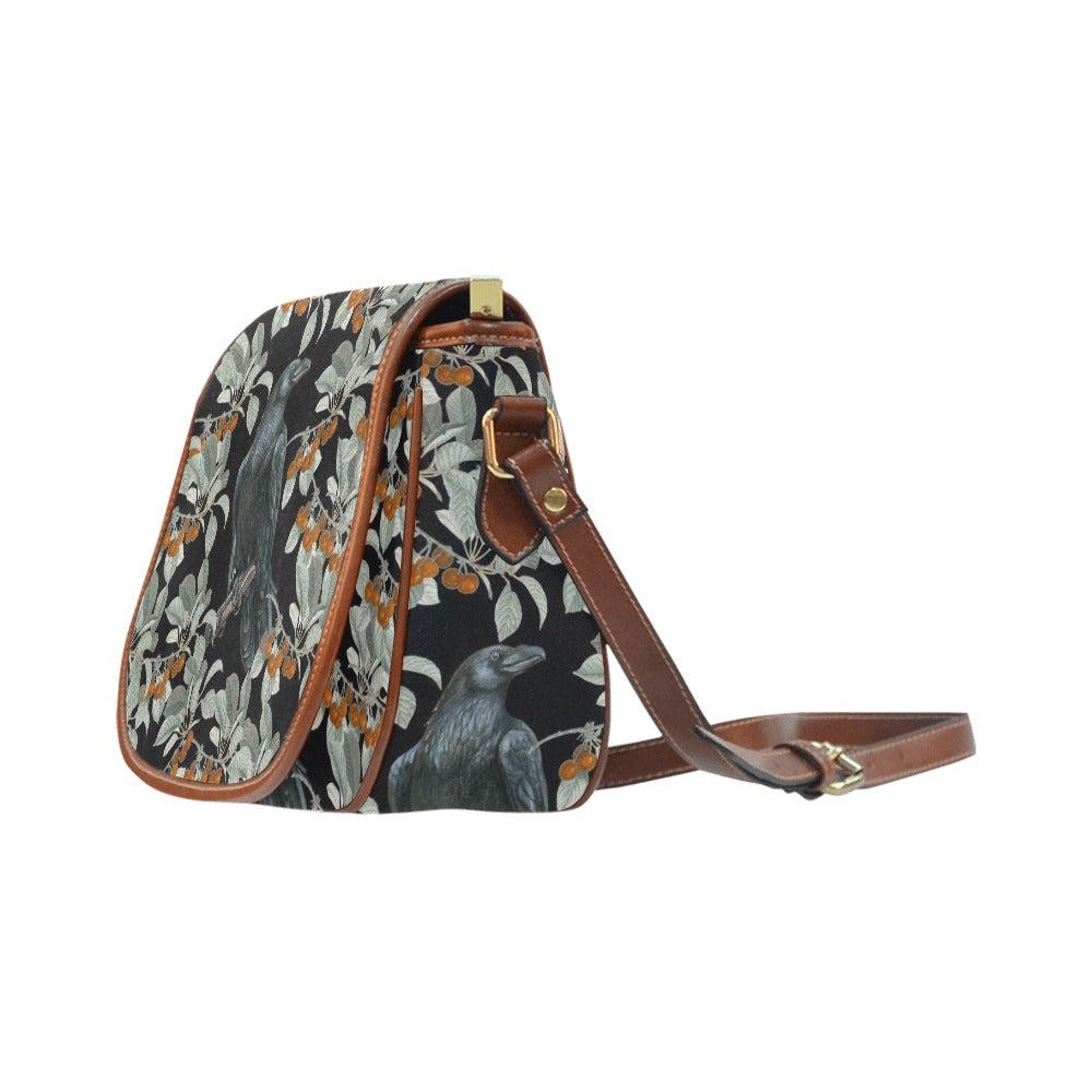 Cottagecore Cherry Bush Crow Canvas Saddle Bag | Sense Forest