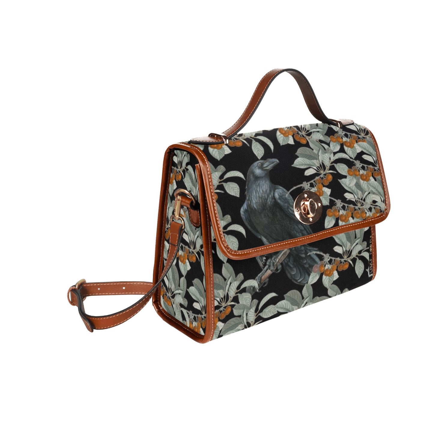 a boxy purse with Crow in the berry bush print on the Witchy Waterproof Canvas satchel Bag