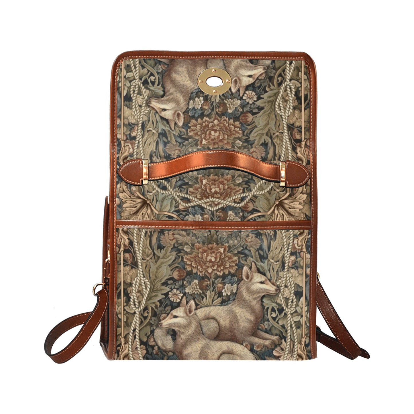 Sense Forest canvas satchel bag with fox and forest animal print, brown leather trim and adjustable strap.