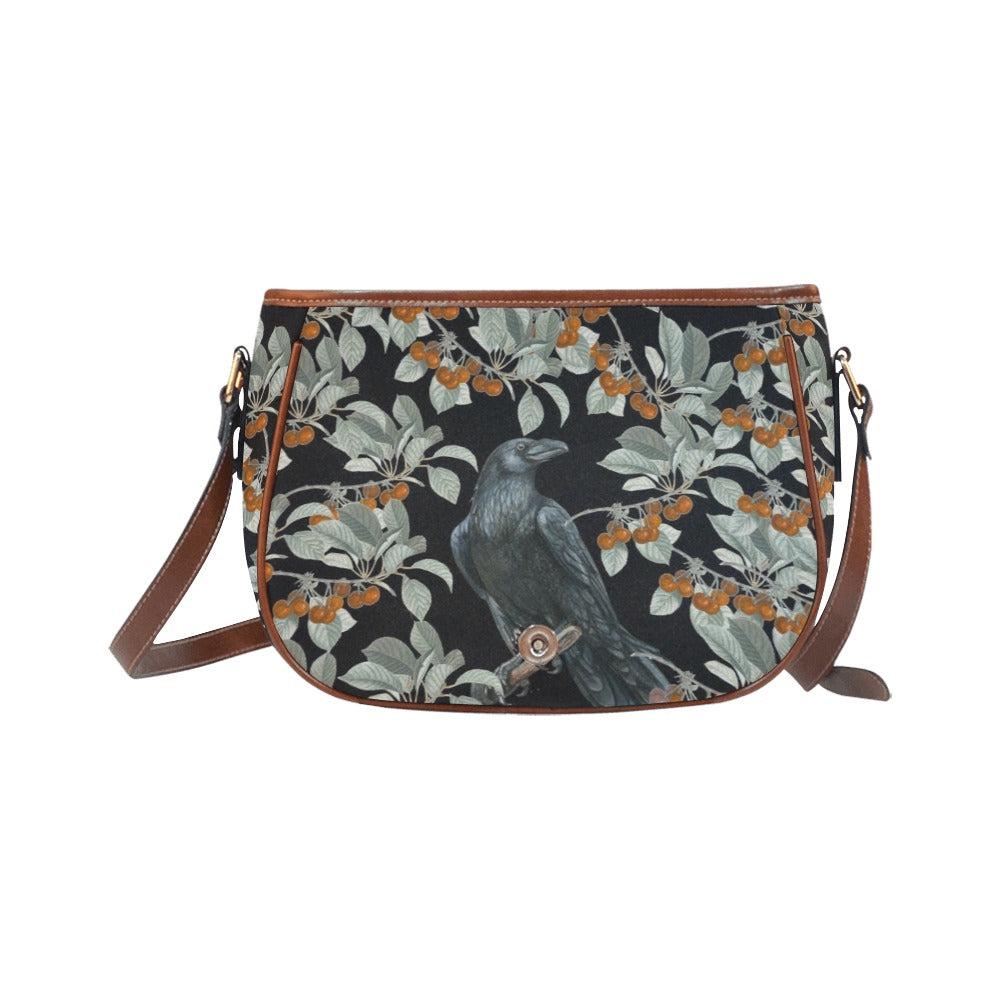 Cottagecore Cherry Bush Crow Canvas Saddle Bag | Sense Forest