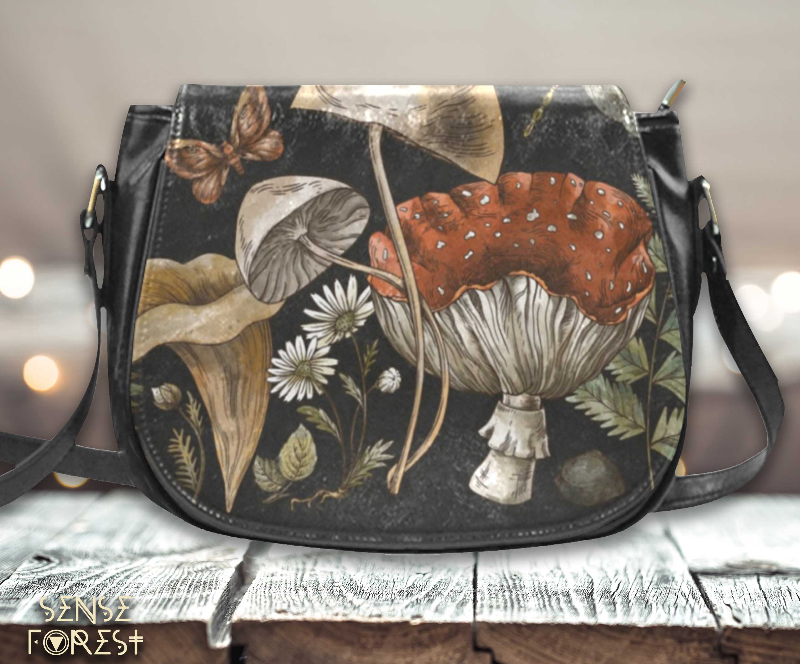 Ecoleather Bag With Mushroom Leather On Gray Background Adorned With  Toadstools And Driftwood Photo And Picture For Free Download - Pngtree
