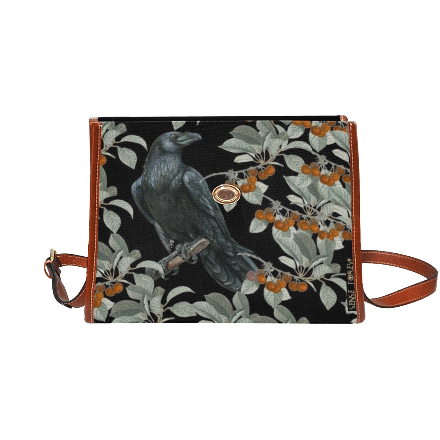 a boxy purse with Crow in the berry bush print on the Witchy Waterproof Canvas satchel Bag