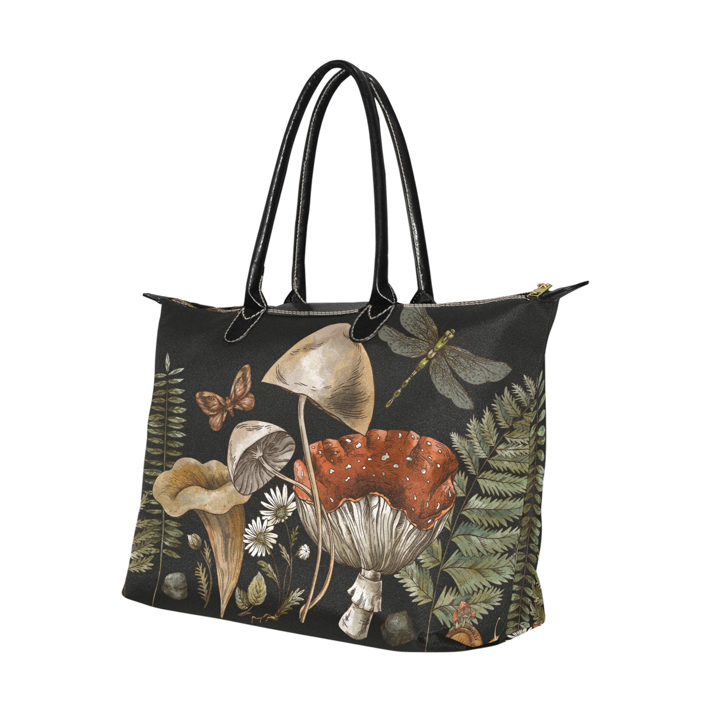 Black fabric zip tote with detailed mushroom and fern print in earthy tones, Sense Forest style.