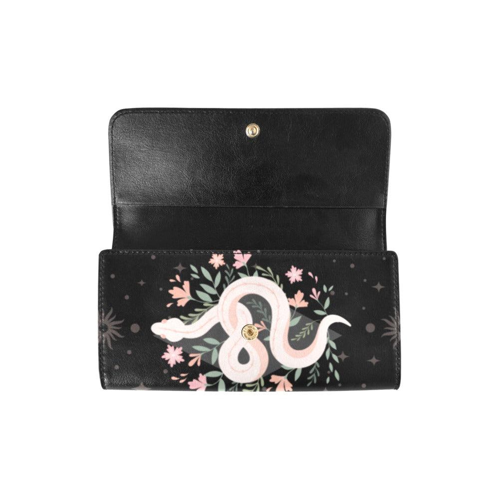 Black trifold long wallet with white snake and pink floral design, Sense Forest logo embossed inside.