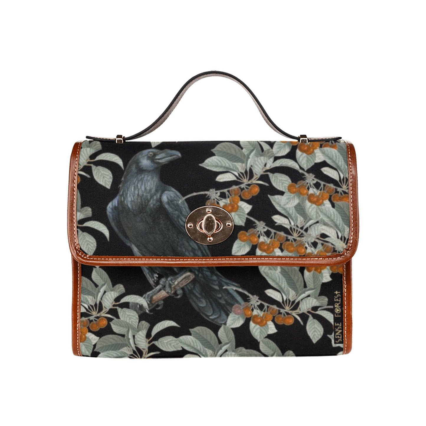 a boxy purse with Crow in the berry bush print on the Witchy Waterproof Canvas satchel Bag