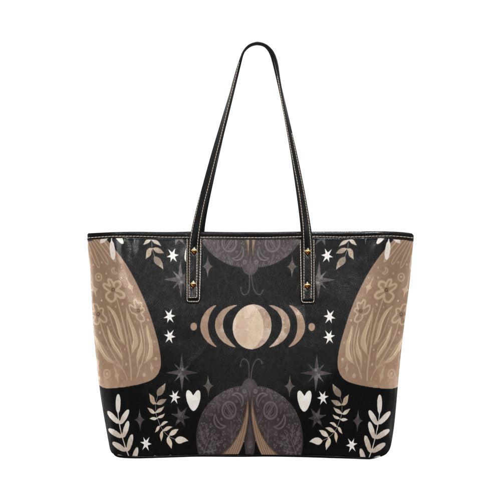 Boho Moon phase moth Forest Vegan Leather Zip top Tote Bag