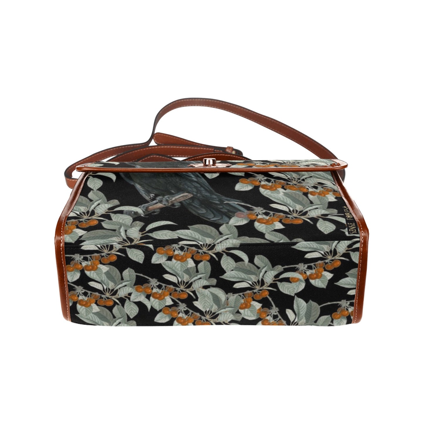 a boxy purse with Crow in the berry bush print on the Witchy Waterproof Canvas satchel Bag