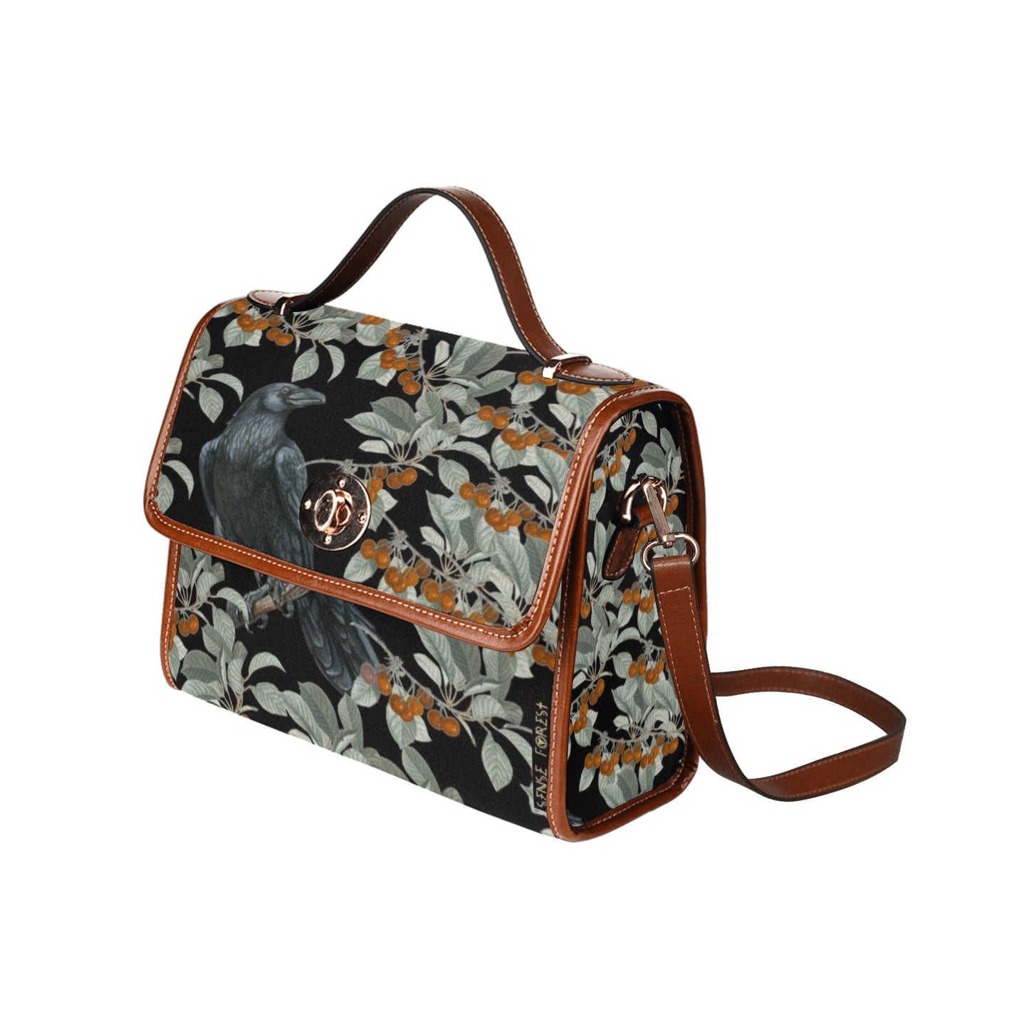 a boxy purse with Crow in the berry bush print on the Witchy Waterproof Canvas satchel Bag