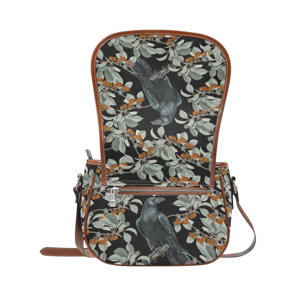 Cottagecore Cherry Bush Crow Canvas Saddle Bag | Sense Forest