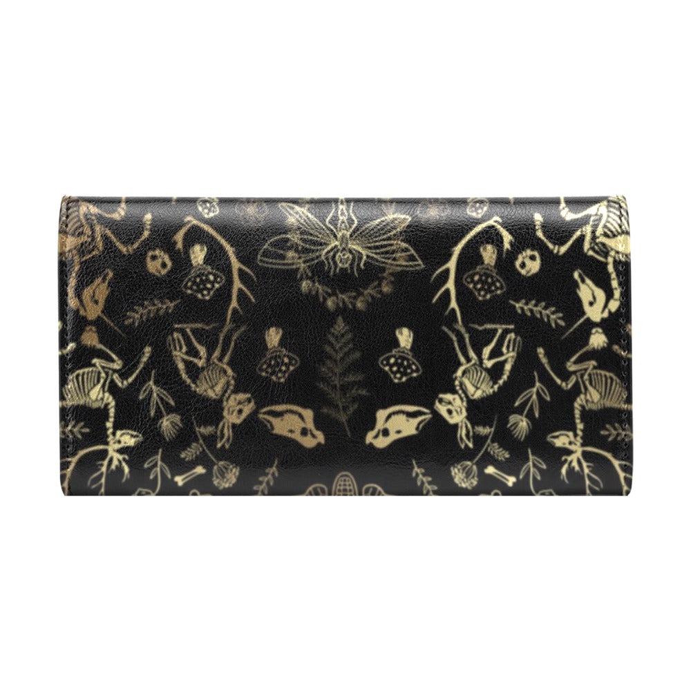 Black trifold wallet with gold forest animal skeleton and floral print, Sense Forest design.