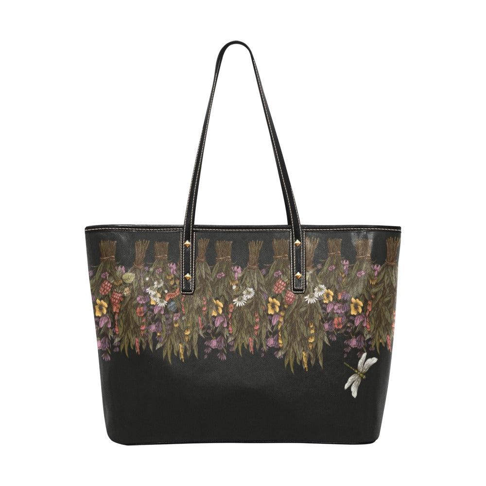 Green witch Dried flower Vegan Leather Zip Top Tote Bag - sense forest