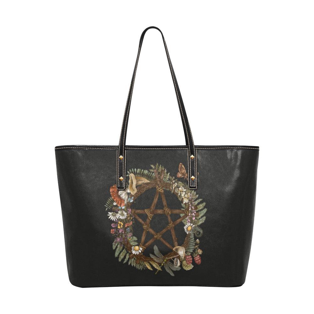 Pentagram Forest wreath cottage witch Vegan leather zip tote bag - sense forest