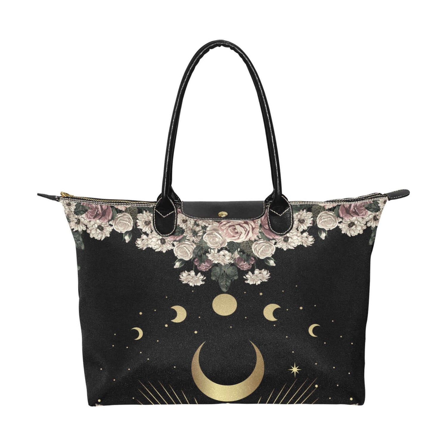 a large witchy canvas tote bag with zipper top and vegan leather handles