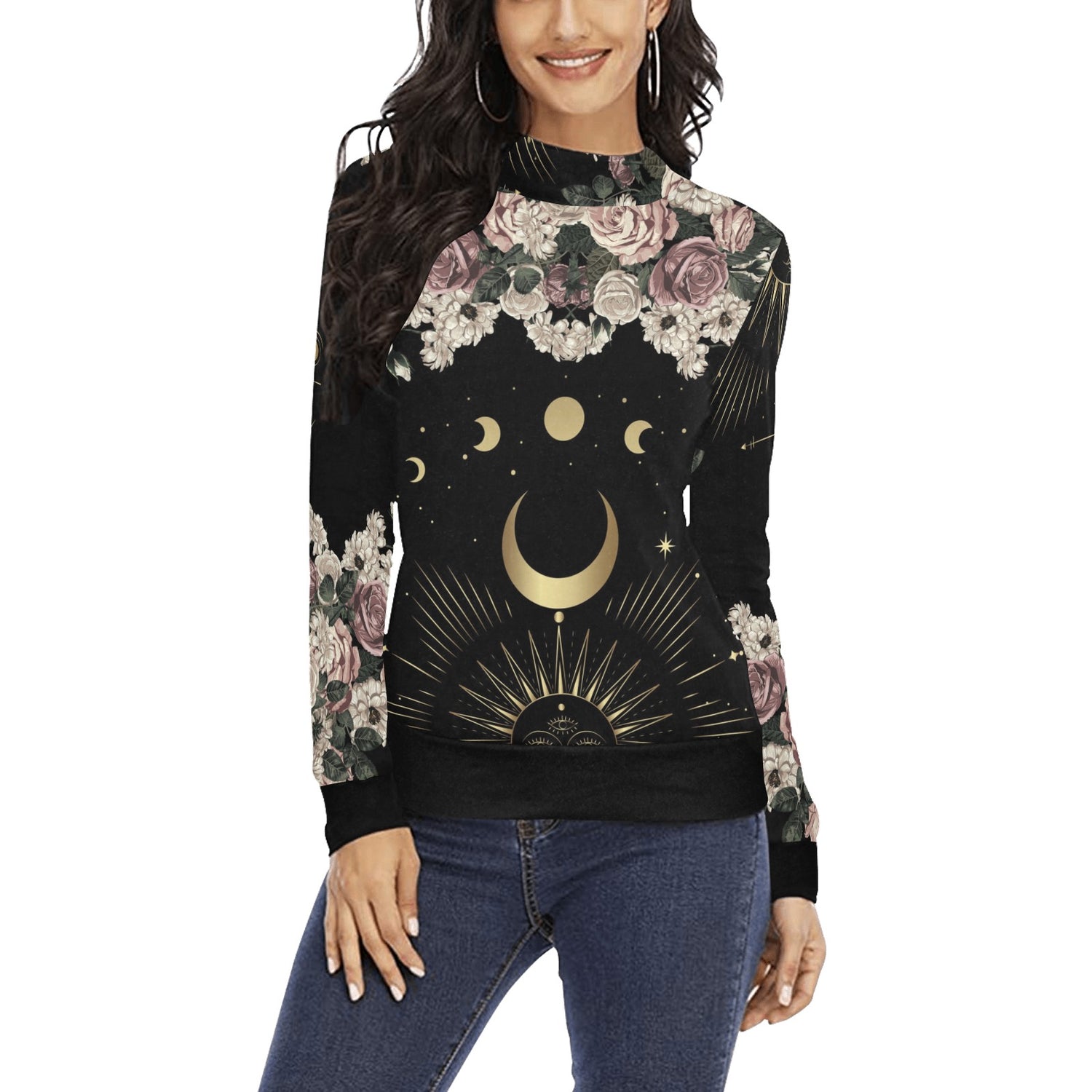 a black hair woman is wearing a moon rose long sleeves sweater