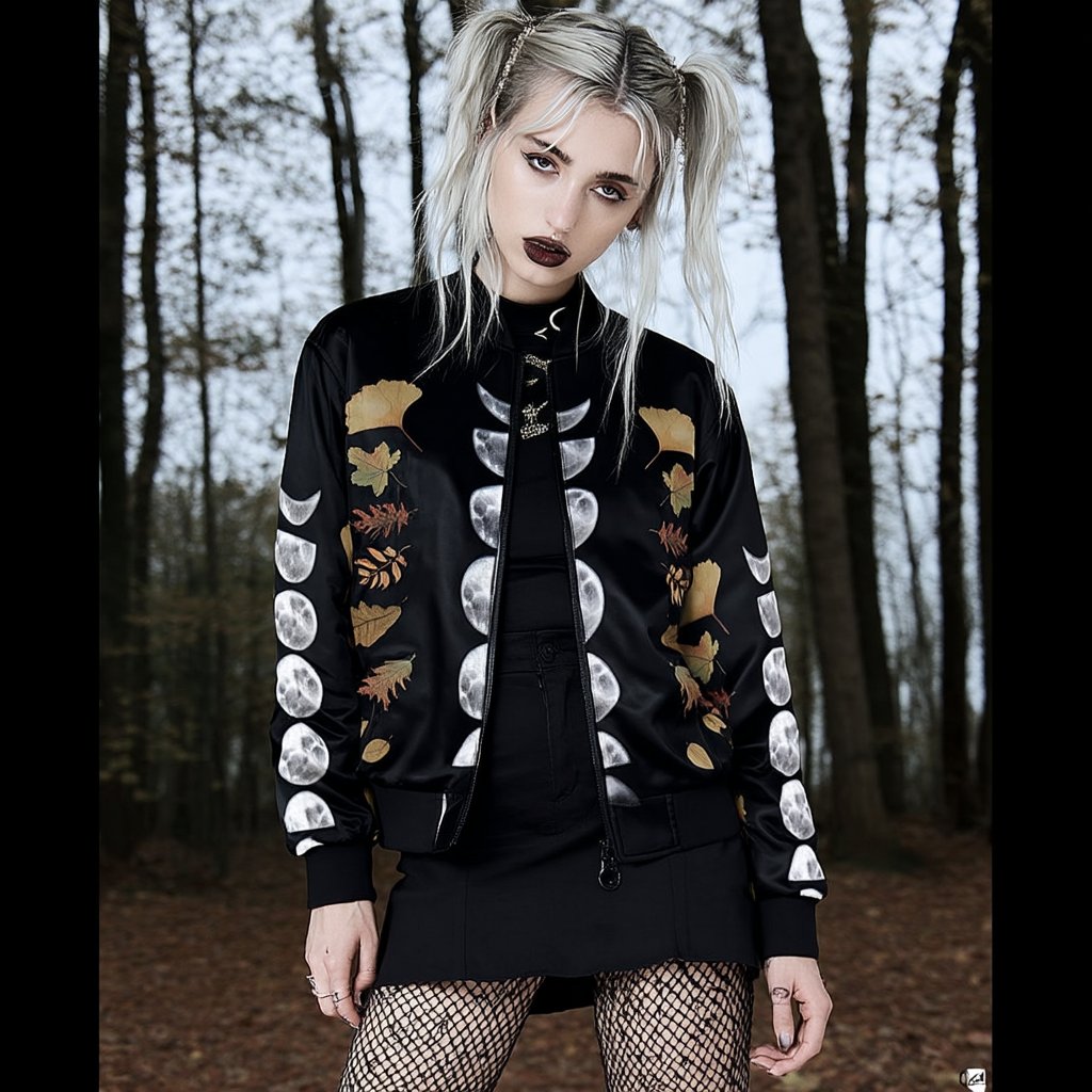 a gothic girl with blonde hair wearing a witch goth bomber jacket with fall leaves and moon phase by sense forest