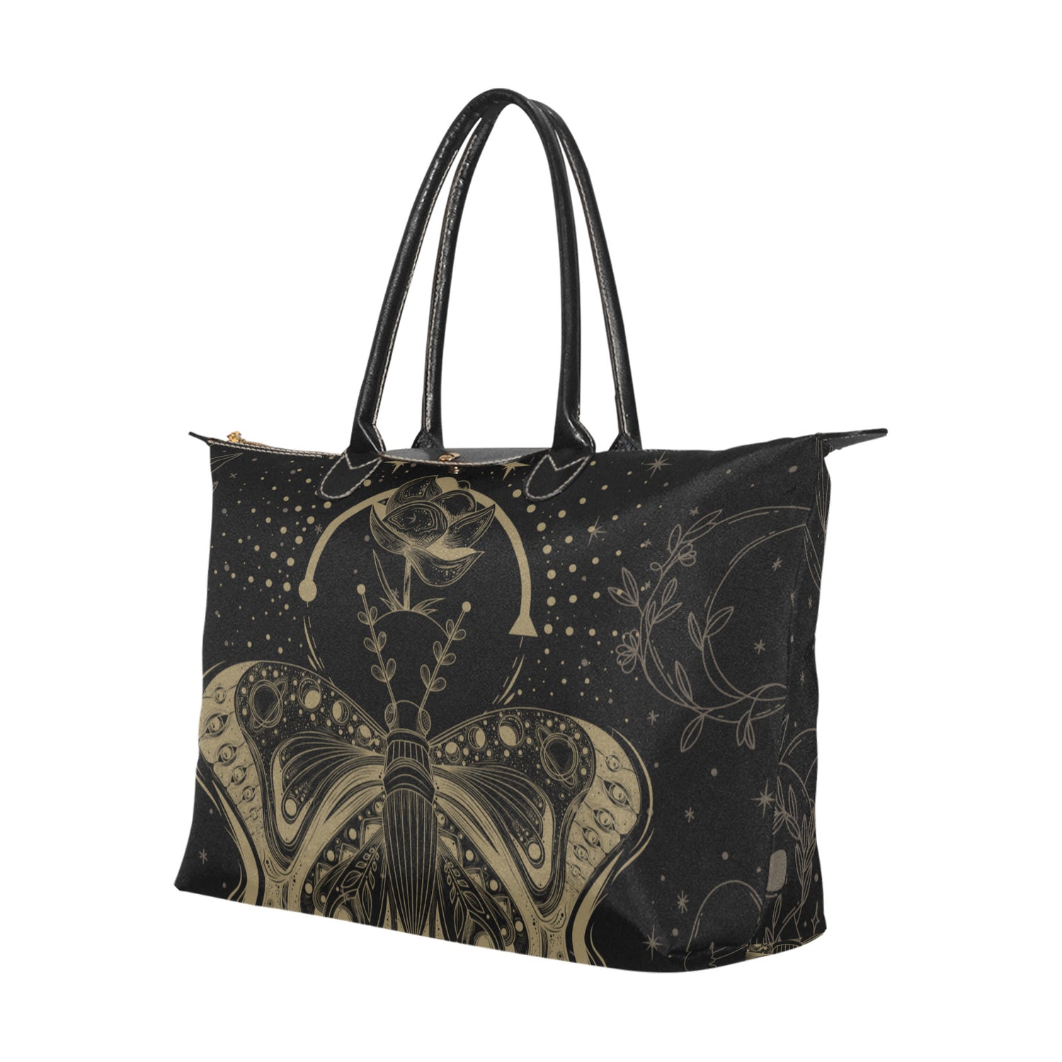 a canvas zip top tote bag with witchy print on it and vegan leather handles