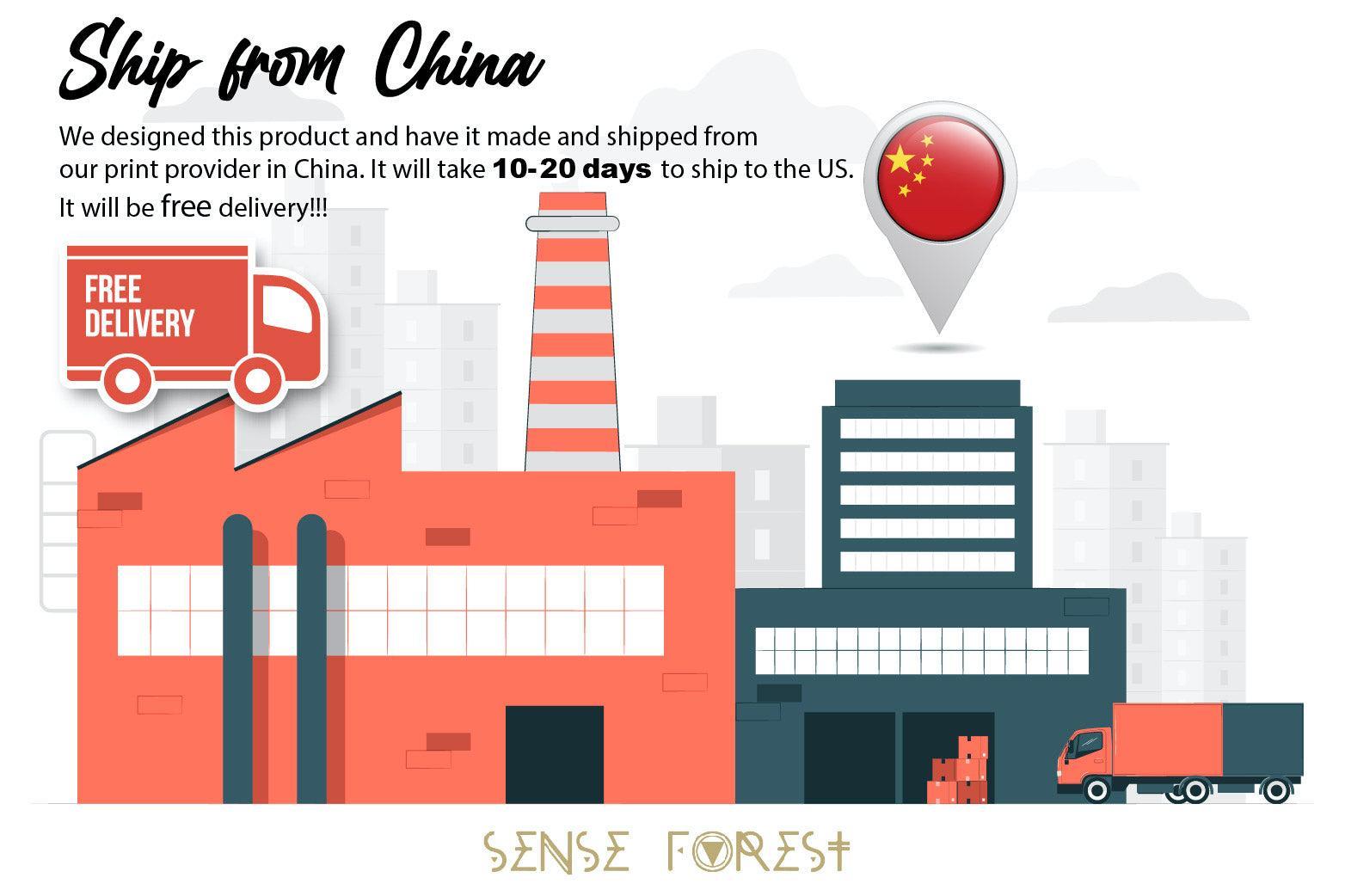Red and gray factory building with chimneys and shipment truck under a cloudy sky, Sense Forest text below.
