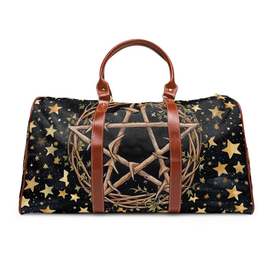 Witchy Starry night Thorns Pentagram Waterproof Travel Bag, Wocca Cottagecore large weekender with shoulder strap, vegan leather duffle