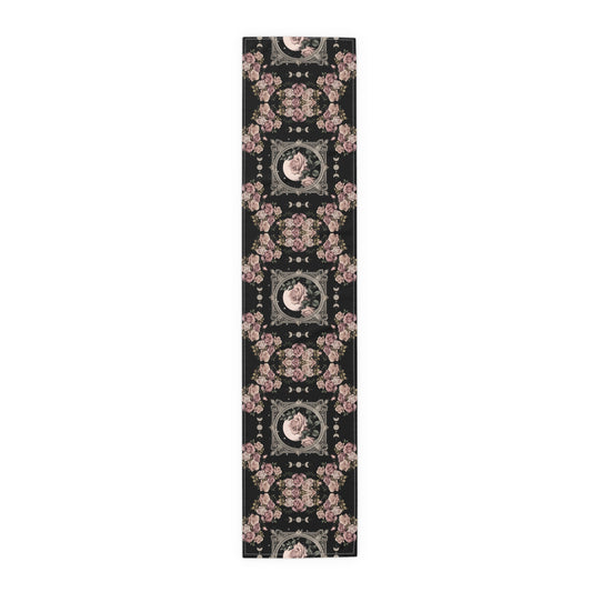 Kawaii goth Pink rose moon witchy table runner, Whimsical dark boho dining room home decor, New home housewarming gift