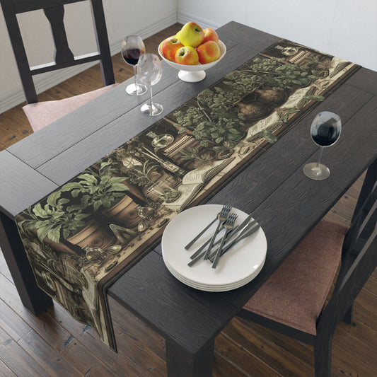 Olive Green Plant lover dinner table runner cloth, Dark academia dinning room home decor, Cottagecore Table Runner housewarming gift