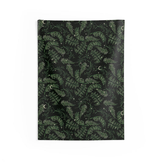 Whimsy Goth forest Celestial Moon wall tapestry, Boho green fern home decor Indoor Wall Tapestry, Moon Ritual dorm room wall decor tapestry