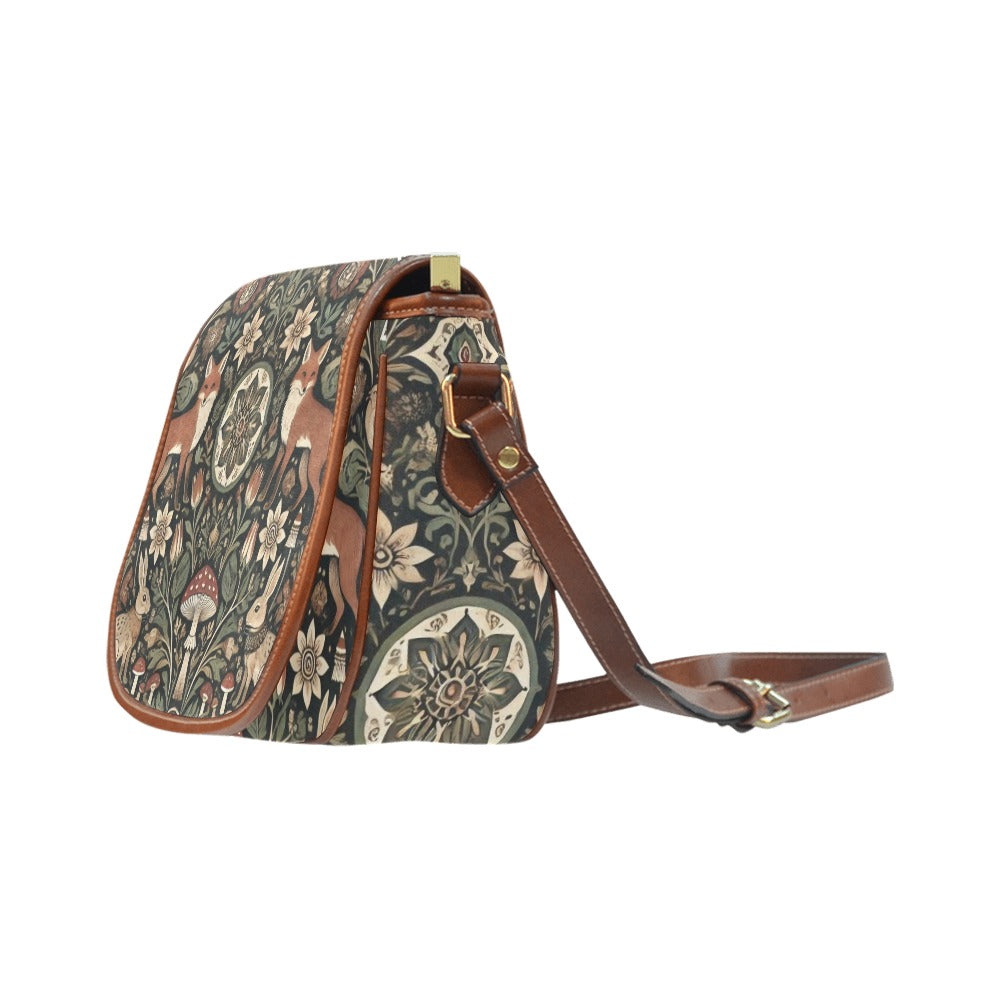Side view of Retro canvas saddle bag with fox mushroom rabbit print in the style of forest witch cottagecore by sense forest
