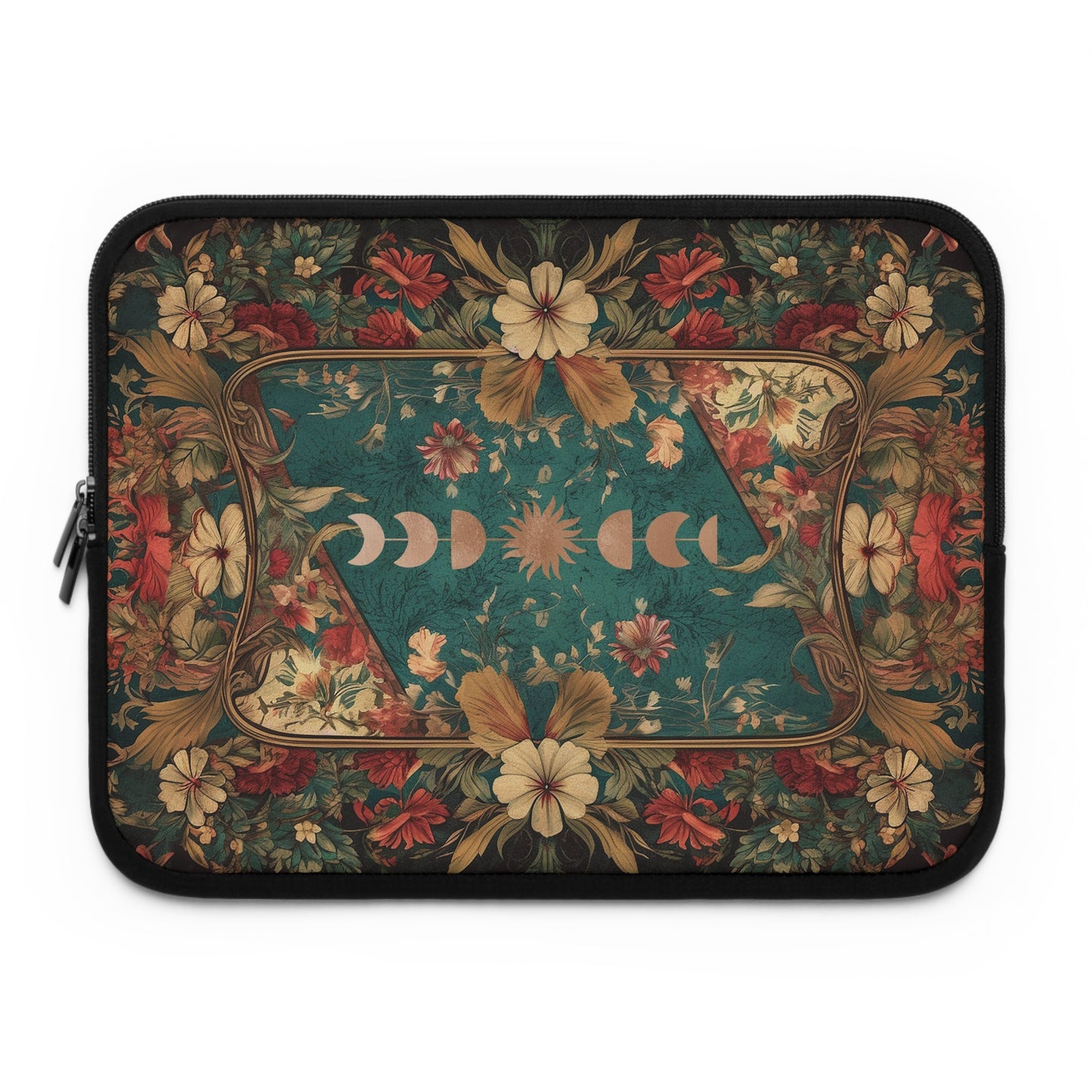Maximalist floral Teal green sun moon laptop sleeve | Sense Forest