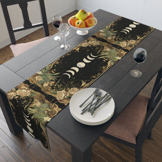 Green Gold moon phase floral whimsical dinner table runner cloth