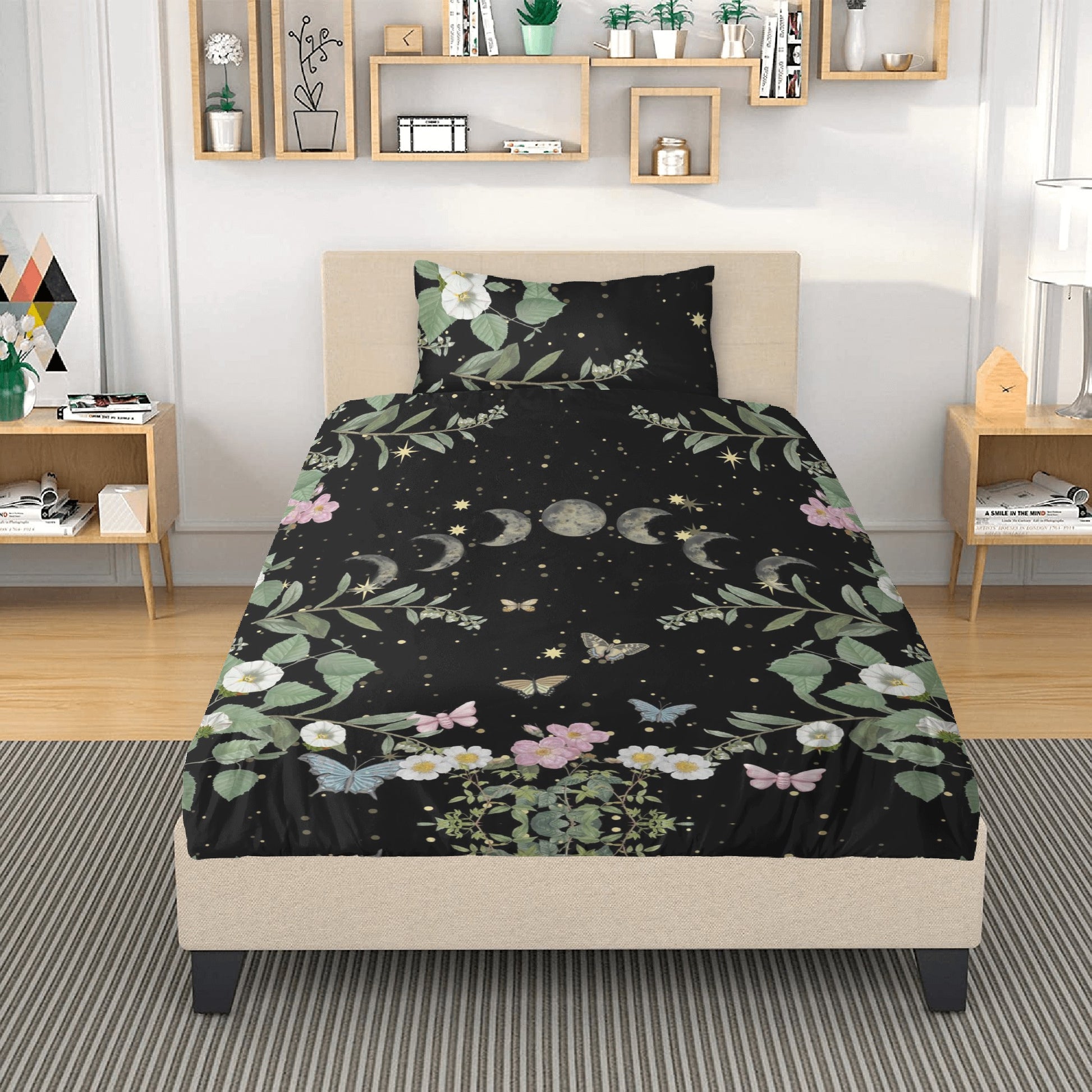 Single size moth forest moon phase duvet cover pillowcase bedding set