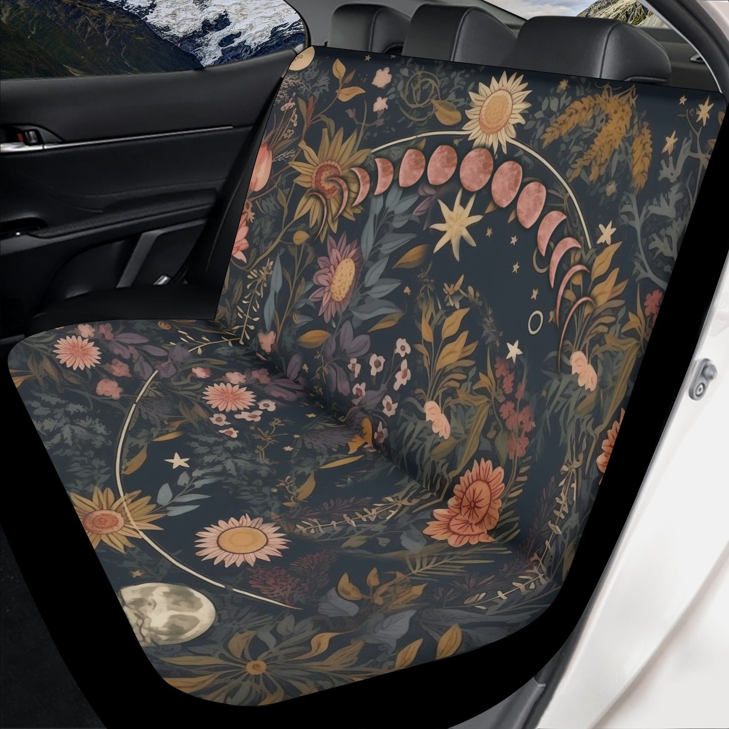 Red moon phase botanical celestial back car seat cover
